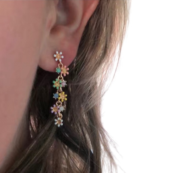 Cascading Multi Colored Daisy Flower Gold Toned Dangle Stud Earrings - Picture 2 of 3